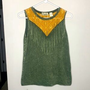 Gimmicks BKE Sleeveless Fringe Lace Boho Tank Top Muscle Tee Western Green S